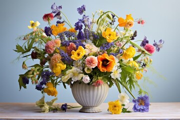  a white vase filled with lots of colorful flowers on top of a wooden table in front of a blue wall.