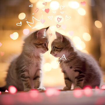 cute valentine's photo of baby kittens kissing with a bokeh background. 
cute photo of cats with illustrated elements of hearts 