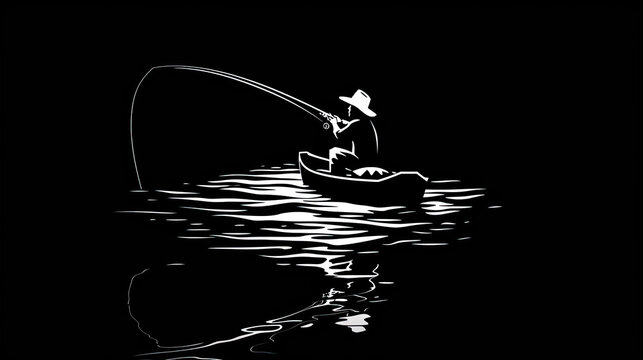 black and white fishing  illustration. Fisherman facing left in boat with rod and a hat.