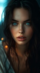 Fototapeta premium Full body picture of a dark haired woman with stunning blue eyes. full body. cinematic lighting. dim theme, close-up view