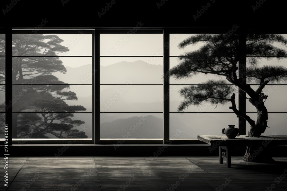 Poster a black and white photo of a bonsai tree in front of a window with a view of the mountains.