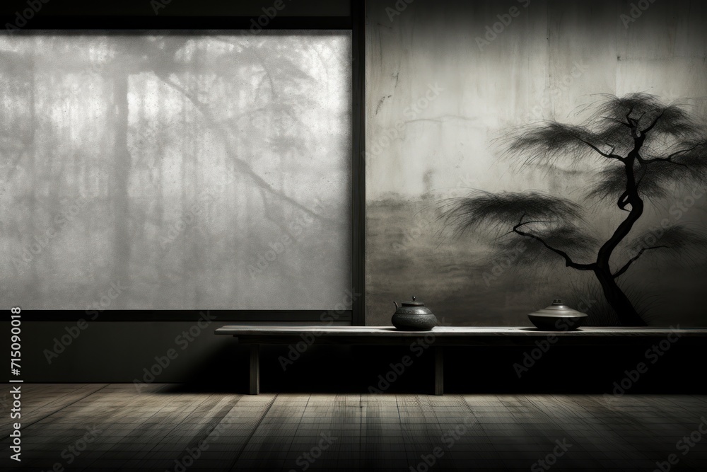 Aufkleber a black and white photo of a table with a vase and a bonsai tree in front of a window.