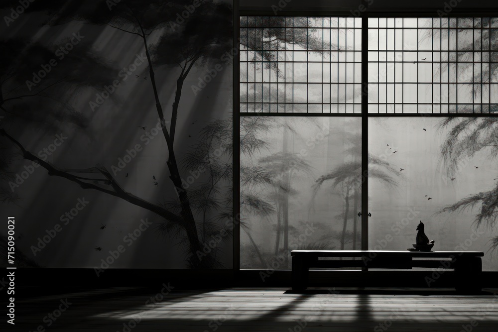 Poster a black and white photo of a person sitting on a bench in front of a window with a view of palm tree