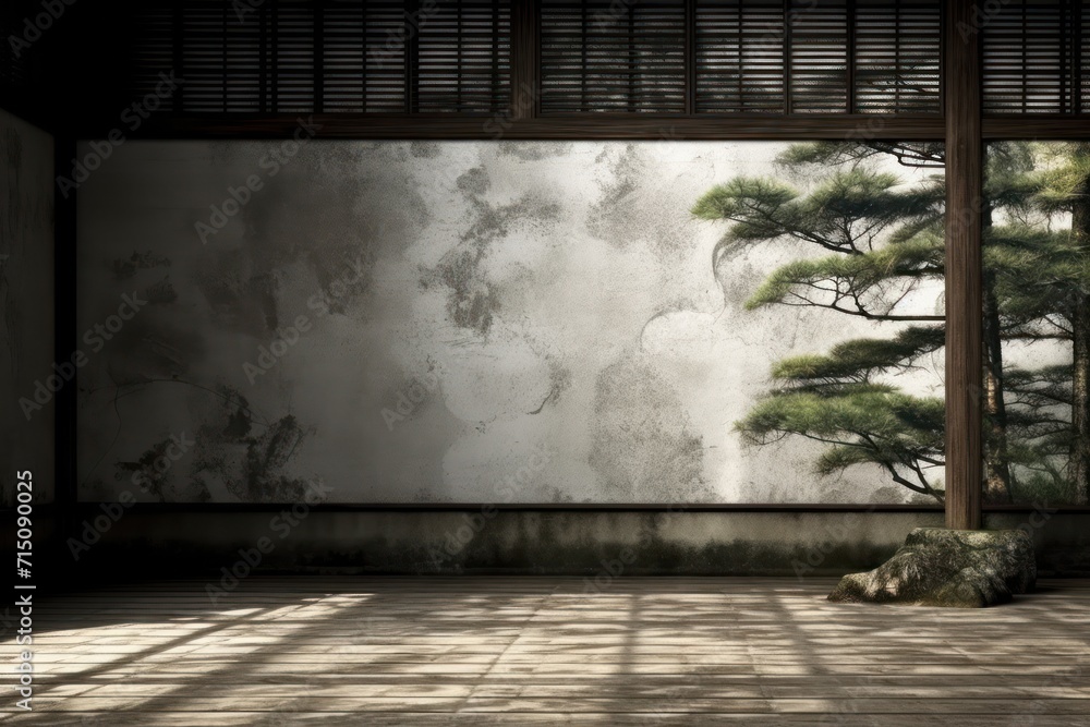 Poster an empty room with a pine tree in the middle of the room and a large window in the middle of the roo