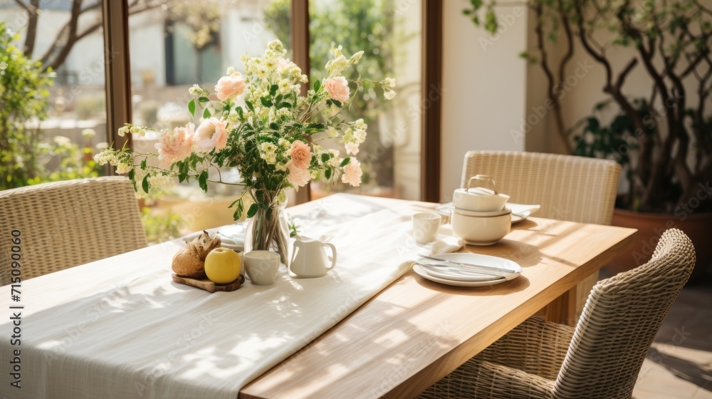 Poster a table with a vase of flowers on top of it next to a table with plates and cups on it.