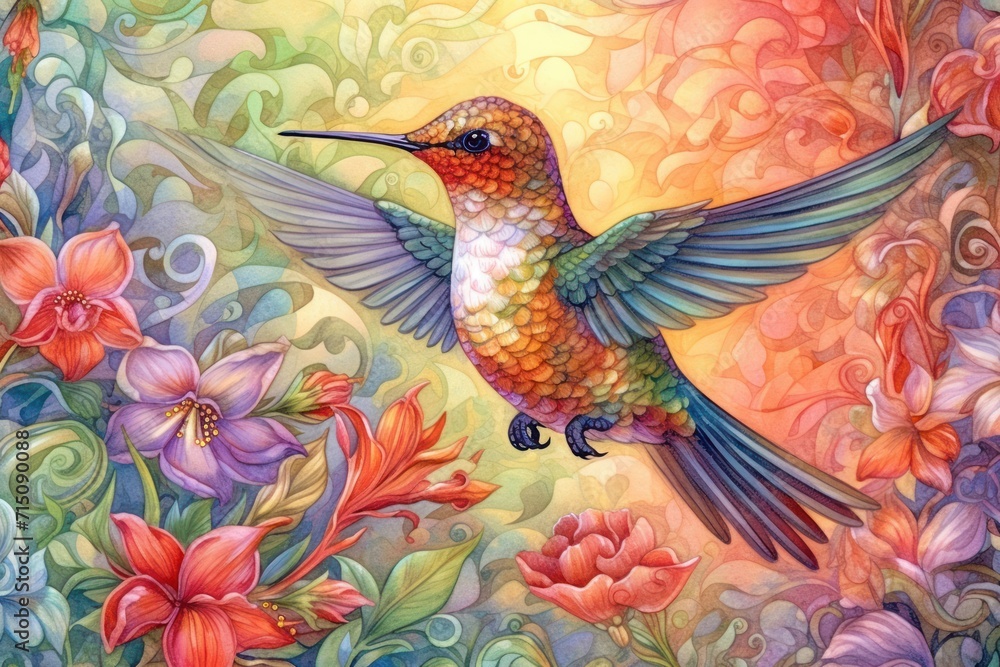 Poster a painting of a hummingbird in flight with flowers in the background and swirls and swirls in the fo