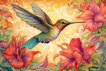  a painting of a hummingbird flying in the air with flowers in the foreground and a swirly background.