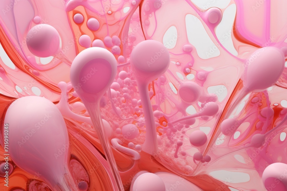 Poster a close up of a pink and red object with bubbles and bubbles on the bottom of the image and on the b