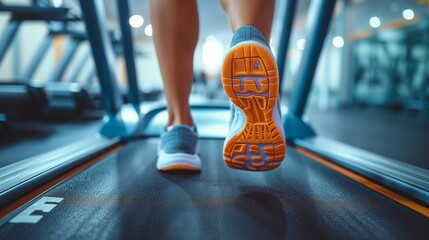 Close up of sport shoes, sportsman runner running on treadmill in fitness club. Cardio workout. Healthy lifestyle - obrazy, fototapety, plakaty