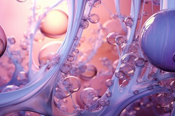  a close up of a bunch of bubbles on a blue and pink background with a white ball in the middle of the picture.