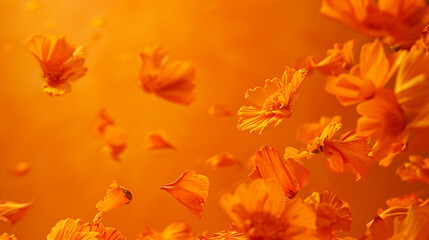 Golden marigold petals descending against a warm, orange canvas, falling flower petals, Valentine's Day, dynamic and dramatic compositions, with copy space