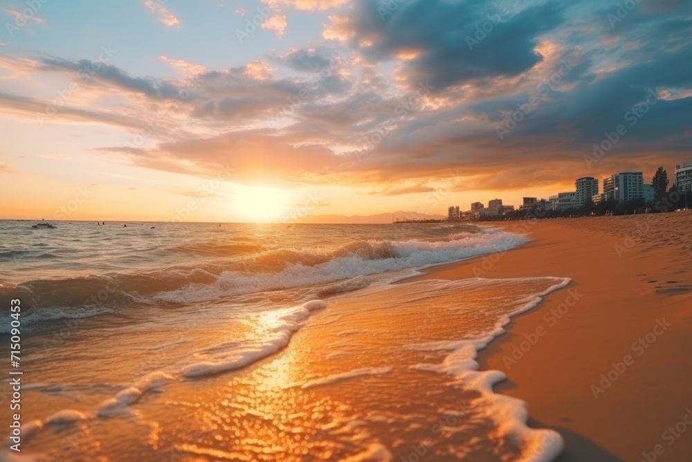 Poster the sun is setting on the beach with the waves crashing in front of the shore and a city in the dist