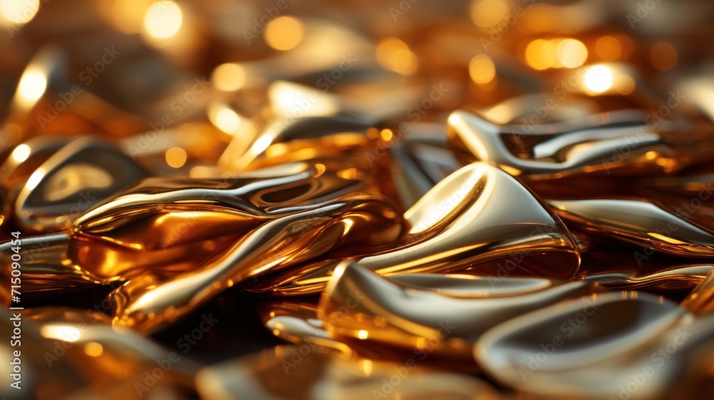Poster a pile of shiny gold objects sitting on top of a pile of other shiny gold objects on top of a table.