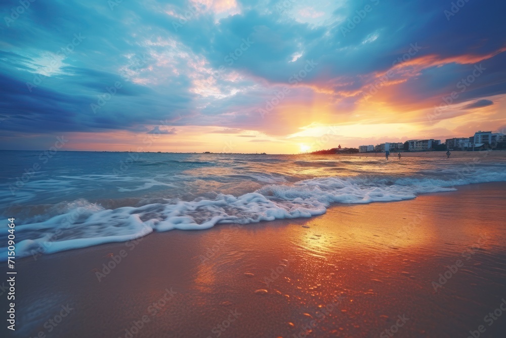 Poster the sun is setting over the ocean and the waves are crashing on the beach and buildings are in the d