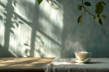 A steaming cup of tea on a table with shadows from a window. With copy space. Concept of tranquility, calmness, morning routine, and natural ambiance. - obrazy, fototapety, plakaty
