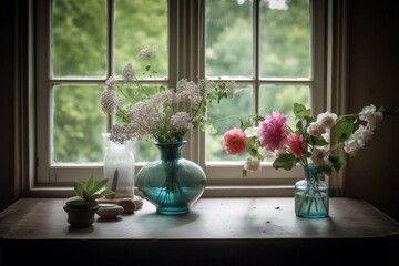 A vase of flowers on a table near a window, with another vase of flowers in front of it and one more in front of the window, accompanied by leaves. Generative AI - obrazy, fototapety, plakaty