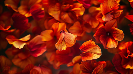 A dramatic and vivid display of fiery begonia petals tumbling in an autumn breeze, falling flower petals, Valentine's Day, dynamic and dramatic compositions, with copy space