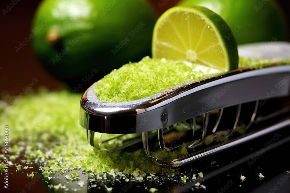 Poster a close up of a comb with limes and limes in the background and a lime slice in the foreground.