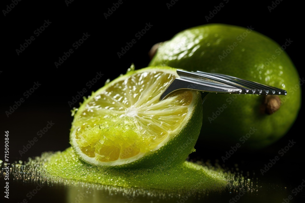 Poster a lime being cut in half with a scissor on it's end and a piece of lime in the background.