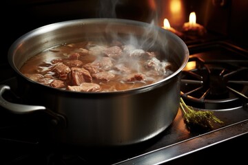  a pot filled with meat sitting on top of a stove next to a burner with a lit candle in the background.