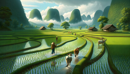 Serene rural scene, featuring a farmer with two cows in the vibrant green rice paddies of Southeast Asia - obrazy, fototapety, plakaty