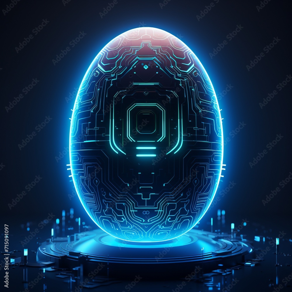 Poster easter egg with circuit board on dark background. 3d rendering. ai.