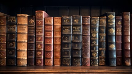 A rich collection of ornate, vintage leatherbound books lined up on a shelf. Concept of antiquarian books, classic literature, and home library aesthetics.