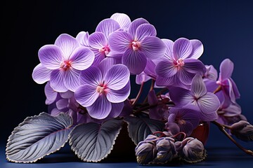  a group of purple flowers sitting on top of a wooden table next to a leafy green plant on top of a blue surface.