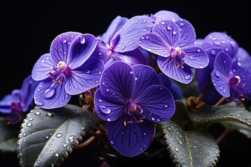  a close up of a purple flower with water droplets on it's petals and green leaves on a black background.