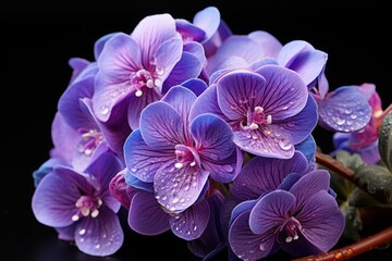  a bunch of purple flowers sitting on top of a black surface with drops of water on the petals of the flowers.