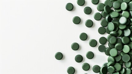 Spirulina or Chlorella green tablets scattered on a pure white background. Top view. With copy space. Dried seaweed. Superfood. Concepts of food supplement, health and pharmaceuticals.