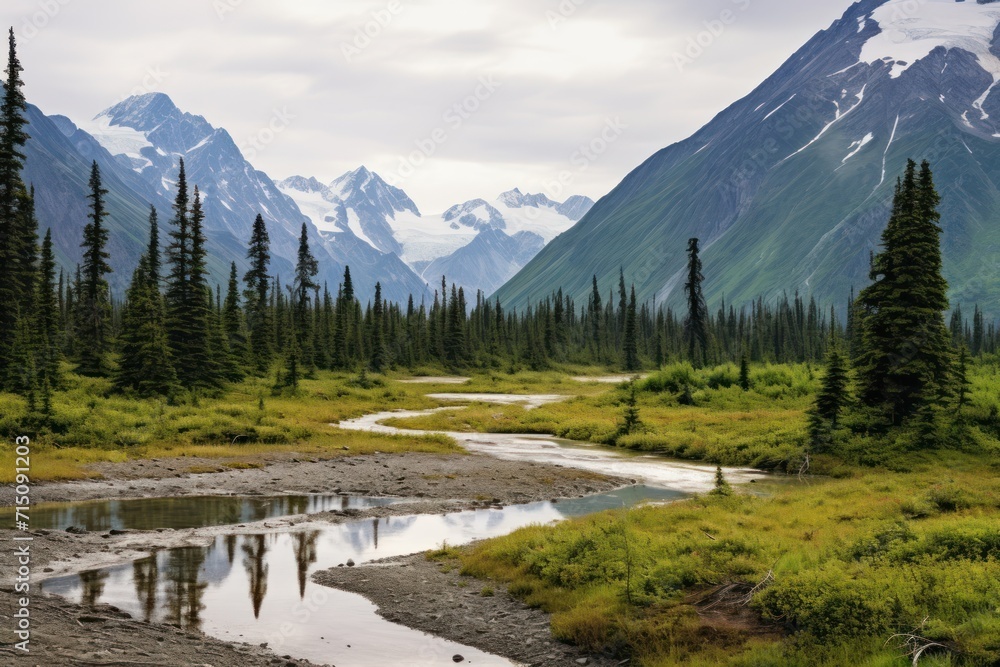Poster a stream running through a lush green forest covered in snow covered mountain range in the distance,