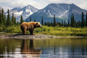  a brown bear standing on a rock next to a body of water with a mountain range in the back ground. - obrazy, fototapety, plakaty