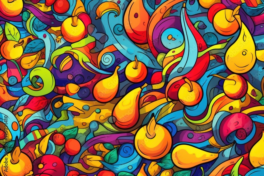 Poster a painting of a bunch of fruit on a colorful background with swirls and drops of paint on the bottom