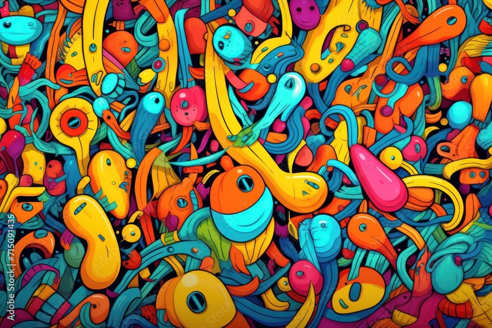 Aufkleber a painting of many different colored objects in the shape of a bunch of fish on a black background w
