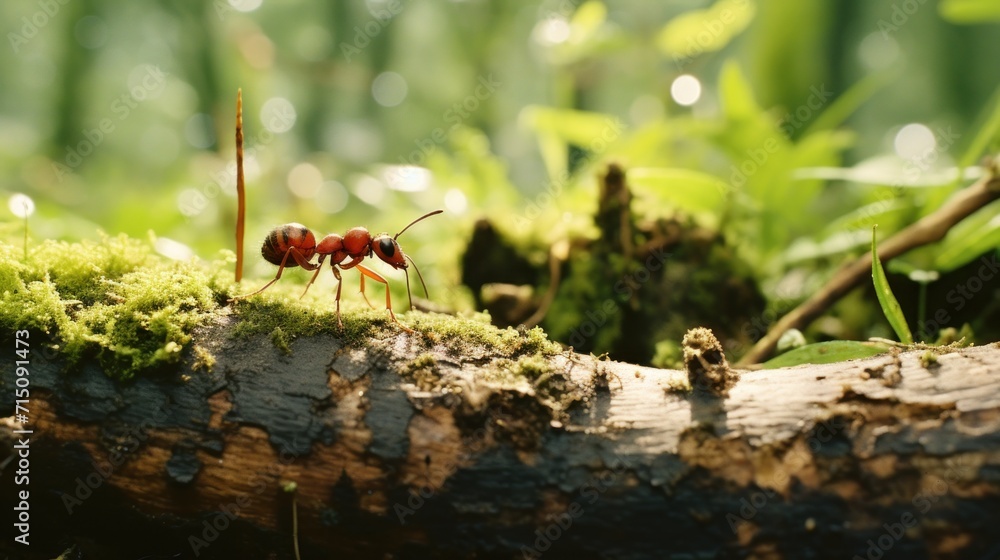 Poster a couple of red ants standing on top of a moss covered tree branch in front of a forest filled with 