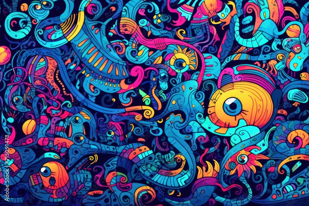 Poster a very colorful background with a lot of different things in the shape of a fish and a lot of other 