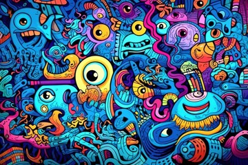  a painting of a bunch of different colorful things on a blue and purple background with lots of different shapes and sizes.