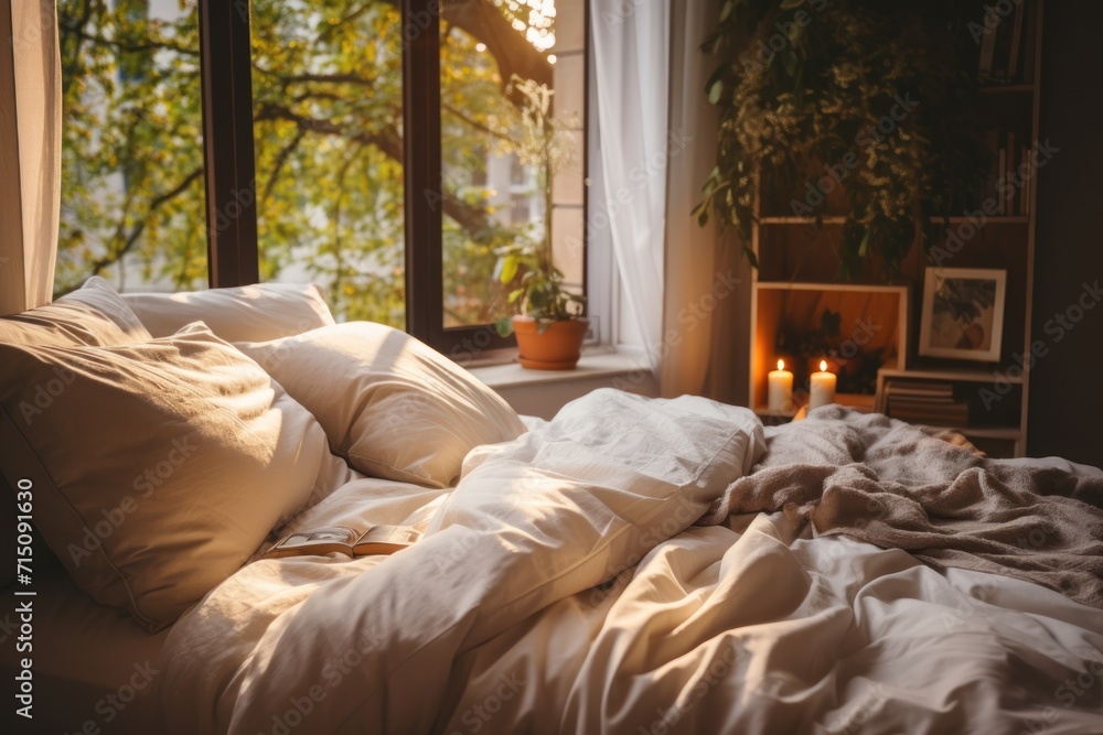 Poster a bed with a white comforter and pillows in front of a window with a lit candle in front of it.