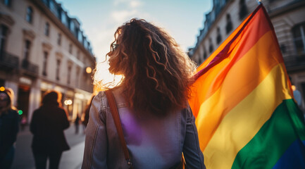 Woman Walking Down Street Holding Rainbow Flag. Generative AI.