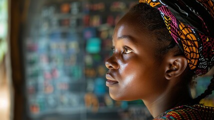 Fototapeta premium volunteer teacher using a smart whiteboard to teach English grammar, Central Africa ,generative ai.