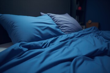 a bed with blue sheets and pillows and a night stand with a red light at the end of the bed.