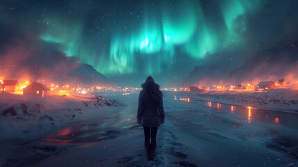 Fototapeta premium Person Standing in Snow, Looking at the Aurora Borealis. Generative AI.