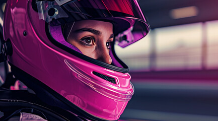 Close Up of Person Wearing Pink Helmet for Safety. Generative AI.