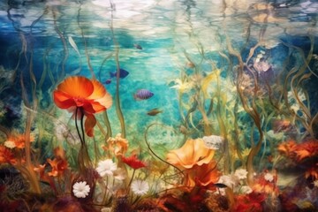  a painting of an underwater scene with seaweed, corals, and other marine life on the bottom of the water.