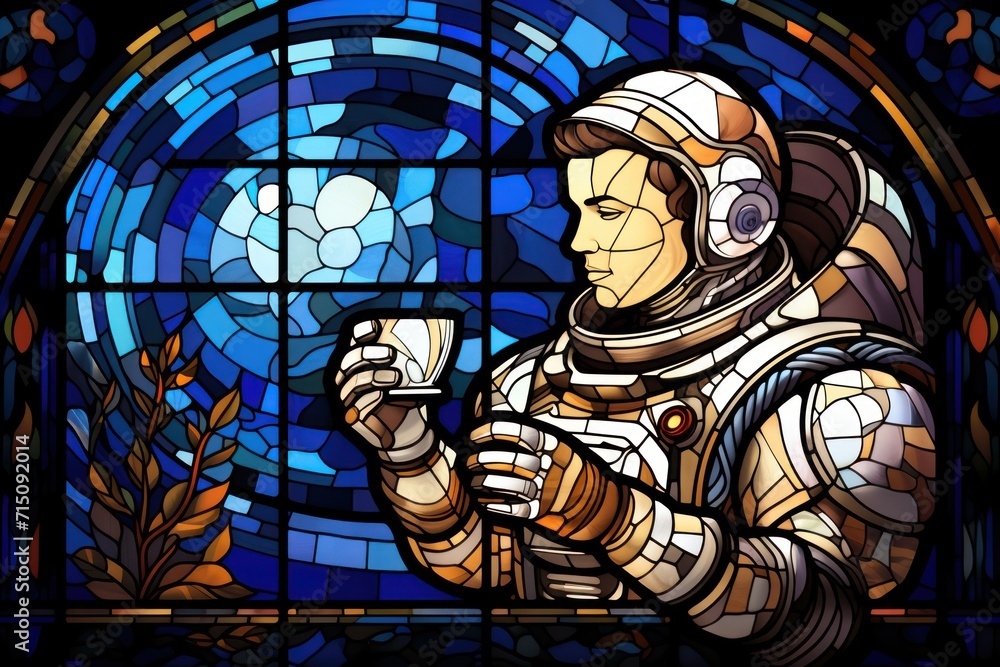 Poster a stained glass window with a man in a spacesuit holding a cell phone in front of a stained glass wi