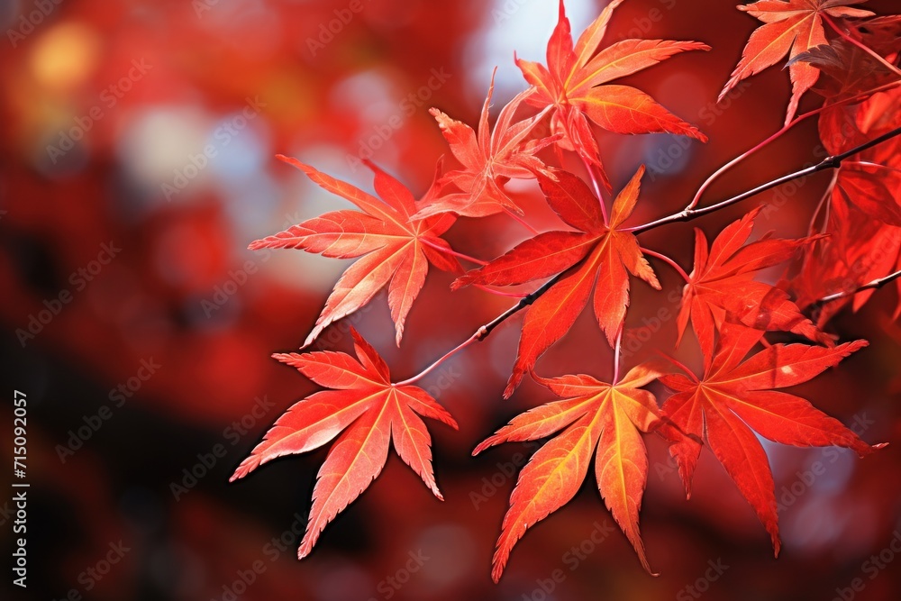 Poster a close up of a red leafed tree with a blurry background of red leaves in the foreground.