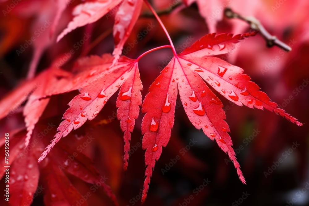 Poster a close up of a red leaf with drops of water on it and a branch with red leaves in the background.