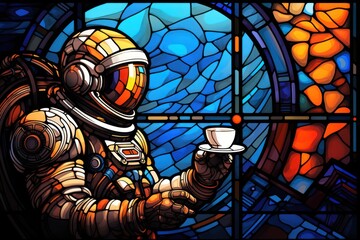  a man in a spacesuit holding a cup of coffee in front of a stained glass window with a stained glass window behind him.