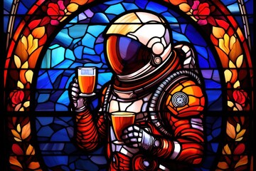  a man in a spacesuit holding a glass of beer in front of a stained glass window in a church.